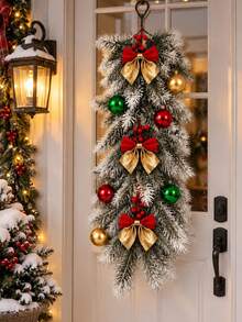 1 Set Of Artificial Pine Hanging Decorations (10-Piece Set): Features Red, Gold, And Green Decorative Baubles And Bows; Includes Faux Cedar Needle Foliage Adorned With Ornaments And Red Bows-Suitable For Decorating Home Porches And Entryways. - Multicolor - View 3