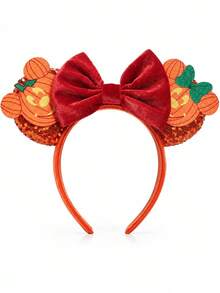 Disney Halloween Minnie Mouse Ear Headband, Pumpkin Pattern Sequin Ears With Plush Plush Bow, Halloween Party Holiday Hair Accessory - A - View 6