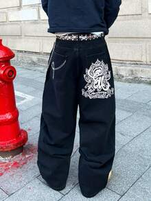 1pc Casual Loose Fit Embroidered Straight Leg Jeans, Versatile American Streetwear Style For Men, All Season (Excluding Belt And Accessories) - الأسود - مشاهدة 4