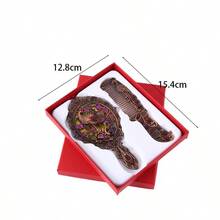 Exquisite Relief Antique Peacock Opening Screen Handheld Mirror & Portable Creative Comb Set, Gift Box With Greeting Card, Birthday Present, Random Gemstone Color, Back To School Gift, Halloween & Christmas Gift - E - View 6