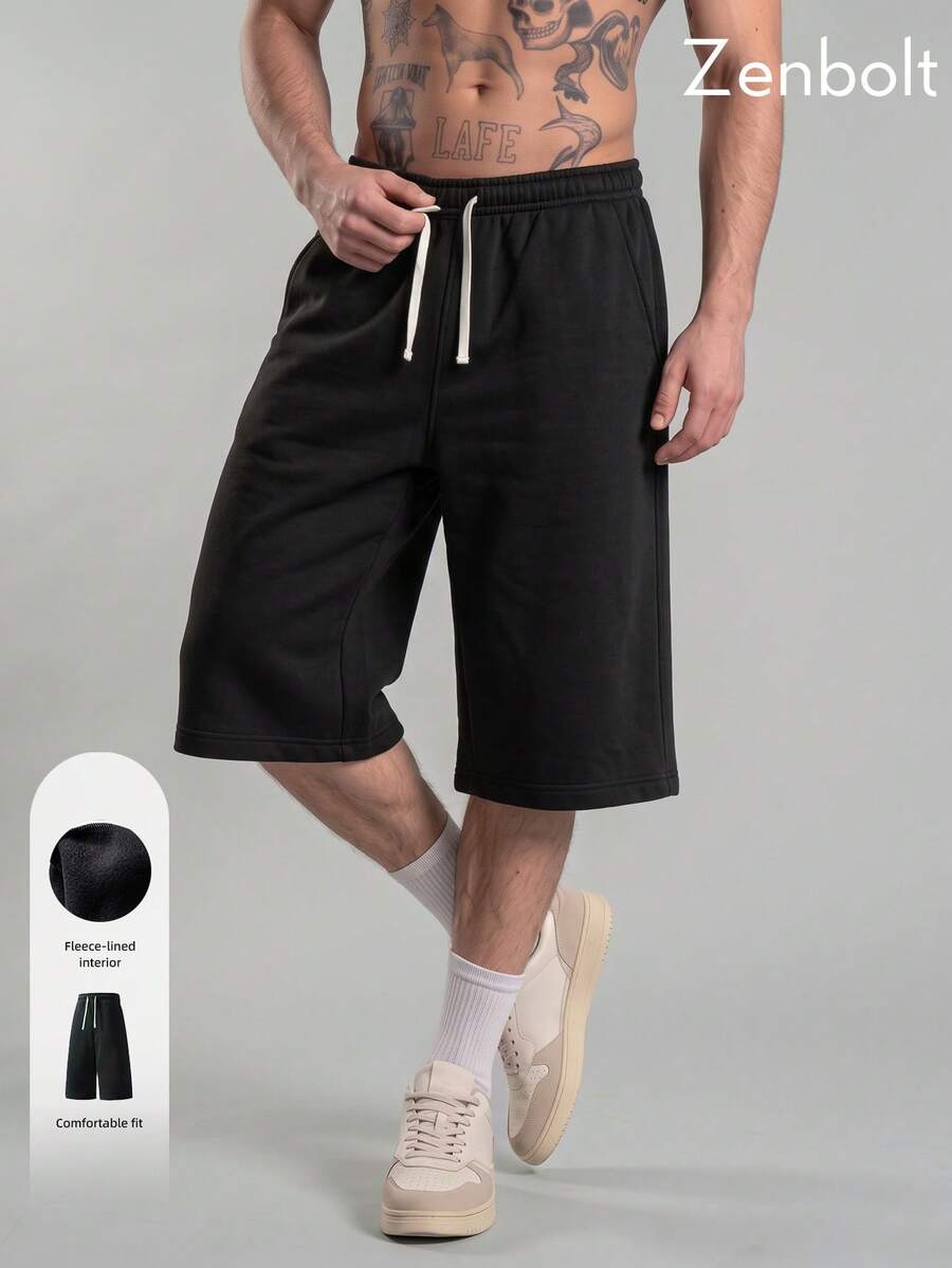 ZenBolt Men's Winter Fleece Lined All-Match Cropped Casual Pants - Solid Color, Slim Fit, Adjustable Drawstring; Versatile Classic - Black - View 1