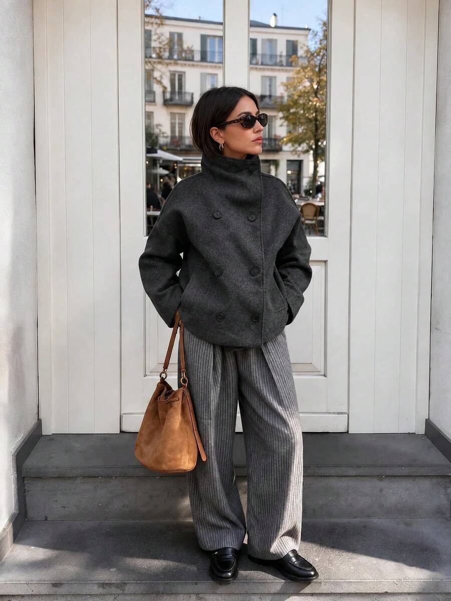 Women's New Solid Color Retro Double-Breasted High Collar Coat, Autumn/Winter Commuter Jacket - Dark Grey - View 1
