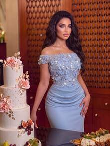 Women's Romantic Light Blue Chiffon Cold Shoulder Long Formal Mermaid Dress, Decorated With Exquisite 3D Floral Chest Embellishment And Lace-Up Back - Baby Blue - View 3