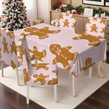 1PC/4PCS/5PCS/6PCS/7PCS/30PCS Light Pink Cute Gingerbread Man Print Tablecloth & Elastic Chair Cover Set, Non-Slip Washable Dining Tablecloth + Elastic Chair Covers, Suitable For Christmas Eve Dinner, Christmas Family Gathering, Holiday Party, Home Dining Table Decoration - Baby Pink - View 7