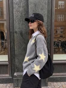 Women's Comfortable Knit Pullover Sweater, Star Pattern, Long Sleeve Round Neck Loose Fit, Suitable For Autumn And Winter - Grey - View 3