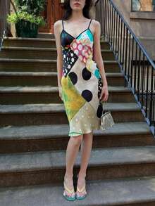 Stylish Women's Sleeveless Short Cami Dress Featuring Multi-Color Polka Dots, Knitted Fabric Bodycon Fit For Parties, Spaghetti Strap Design - Multicolor - View 4
