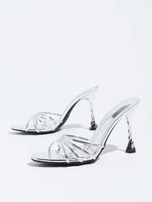 Women's Silver High Heel Sandals With Thin Straps, Open Toe, Spiral Stiletto Heel, Mule Shoes For Party And Commute - Silver - View 5