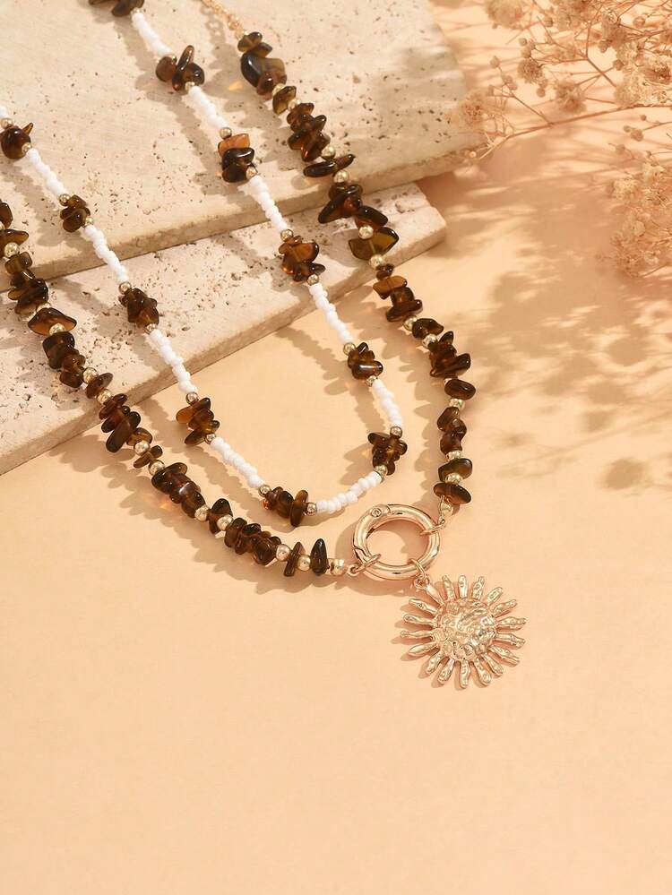2pcs/Set Casual Vintage Crushed Stone & Rice Bead Beaded Sun Pendant Necklace Set, Minimalist Women's Neck Jewelry Suitable For Daily Wear And Party, Random Size And Shape Of Crushed Stone And Rice Beads - Multicolor - View 3