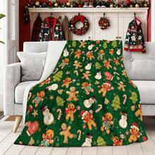 1pc Christmas Deep Green Gingerbread Man, Snowman, Christmas Tree, Candy Cane Print Flannel Blanket, Soft Polyester Fiber Throw, All Season Use, Suitable For Sofa, Camping, Travel, Holiday Gift - Multicolor - View 2