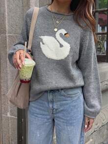女款可愛休閒新款時尚秋季Y2K天鵝印花寬鬆長袖針織毛衣套頭上衣 秋冬外出穿搭服飾 - 灰色 - 查看 5