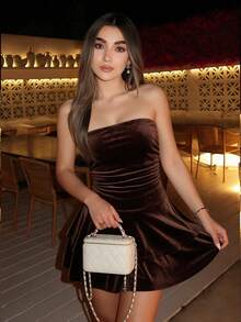 Women's Velvet Mini Tube Dress, Ruched Waist Design, Layered Ruffle Hem, Suitable For Autumn Night Out, Cocktail Party, Nightclub, Halloween Costume - Brown - View 6