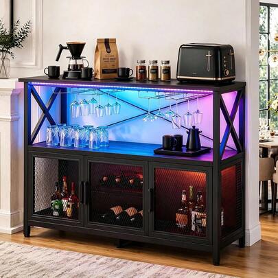 Gabinete De Bar Con Luz LED Y Malla Metálica, Botellero Industrial Para Hogar, Mueble Organizador De Vinos Y Copas Para Cocina, Sala Y Comedor