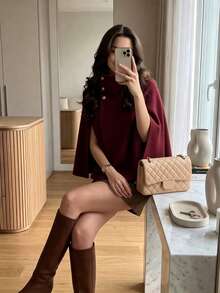 Women's High Neck Gold Button Cape Coat, Elegant Solid Color Short Cape Jacket, Casual Fashion Daily Outerwear - Burgundy - View 2