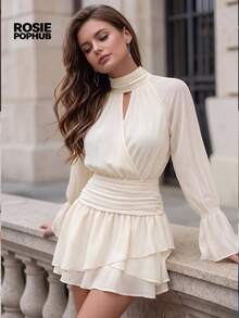 ROSIE POPHUB Women Cream Mock Neck Keyhole Flare Long Sleeve Ruched Waist Tiered Ruffle Mini Dress Elegant Party Daily Christmas Fall Winter - Beige - View 1
