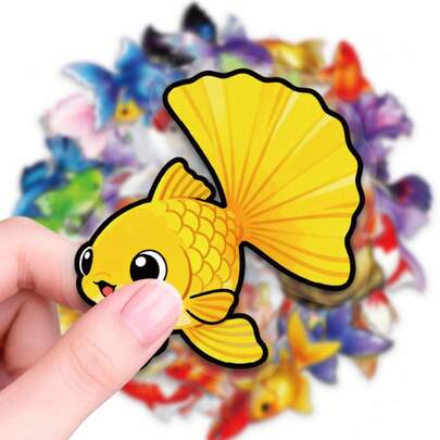 56pcs Colorful Ornamental Goldfish Theme Graffiti Children PET Stickers, Suitable For Laptop, Tablet, Phone Case, Luggage, Water Bottle, Skateboard And Guitar, Door, Gift Decoration Art Stickers, DIY Scrapbook Stickers Toys
