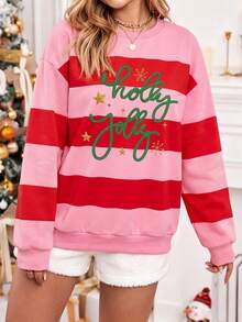 Christmas, Women's Striped Color Block Christmas Pattern, Suitable For Winter, Women's Casual Drop Shoulder Long Sleeve Crew Neck Sweatshirt - Multicolor - View 2