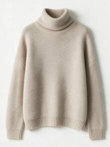 Women's Oatmeal Chunky Knit Cowl Turtleneck Drop Shoulder Oversized Pullover Sweater, Casual Lazy Cozy Fall Winter Daily Wear - Apricot - View 8
