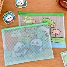 1pc Cartoon Panda Mesh File Bag Random Pattern, 8.7x6.6in Cute Student Stationery Storage Bag, A5 Highly Attractive Pencil Case Gift - A - View 5