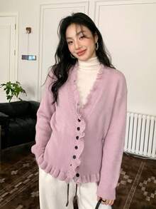 Autumn New Korean Style V-Neck Niche Sweater Cardigan Lazy Ruffle Hem Waist-Cinching Slimming Knitwear Sweater - Pink - View 3