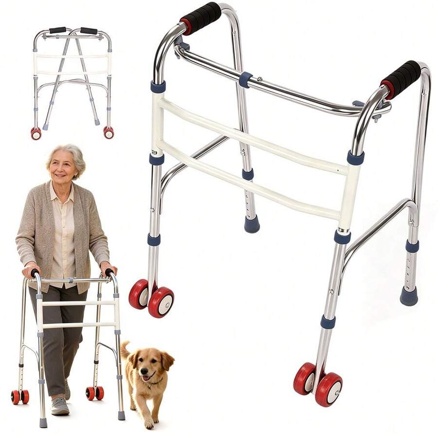 Foldable Lightweight Walking Frame With 2 Wheels – Compact Folding Walker For Easy Storage & Transport, Mobility Aid For Elderly & Adults - Silver - View 1