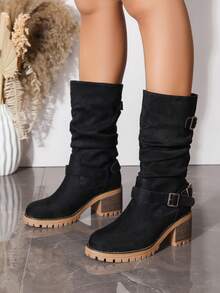 Vintage Ruched Mid-Calf Boots For Women, Chunky Heel, Thick Sole, Belt Buckle, Western Style, Wrinkled Boots, Autumn/Winter Riding Boots - Black - View 4