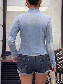 Women Y2K Vintage Washed Cropped Denim Jacket, Stand Collar Multi Buttons Military Style Short Jean Coat - Blue - View 7