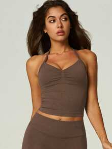 UONNOU Women's Brown Sports Shaping Tank Top, Halter V-Neck Ruched With Padded Support Sports Bra, Yoga Fitness Casual Sports Outfit Summer - Brown - View 7