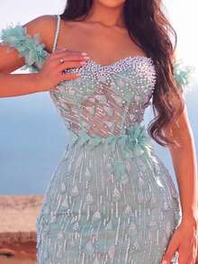 Women's Sequin Short Pencil Dress, Off-Shoulder Spaghetti Strap Design, Elegant Formal Gown, Suitable For Vacation And Wedding - Green - View 4