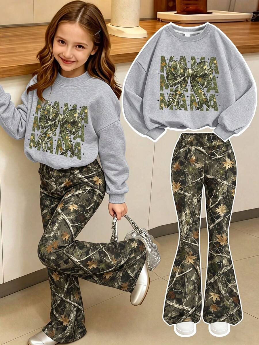 2件組青少年女孩休閒套裝,時尚MAMA印花衛衣搭配迷彩楓葉喇叭褲,適合春秋日常穿著 - 灰色 - 查看 1