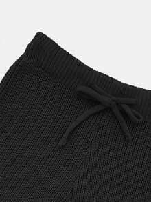 Women's Round Neck Ribbed Solid Color Casual Top + Elastic Drawstring Pencil Knit Pants 2 Pieces Set, Comfortable Daily Wear For Winter - Black - View 8