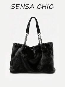 Tote Bag, Loose Large Size Bag Shape, Shoulder Strap Combined With Chain And Webbing Splicing Design, Bag Opening With Wavy Shape. Ample Storage Space For Books, Tablets And Other Personal Items, Shoulder Carry, Casual And Elegant Style, Suitable For Daily Outings - Black - View 1
