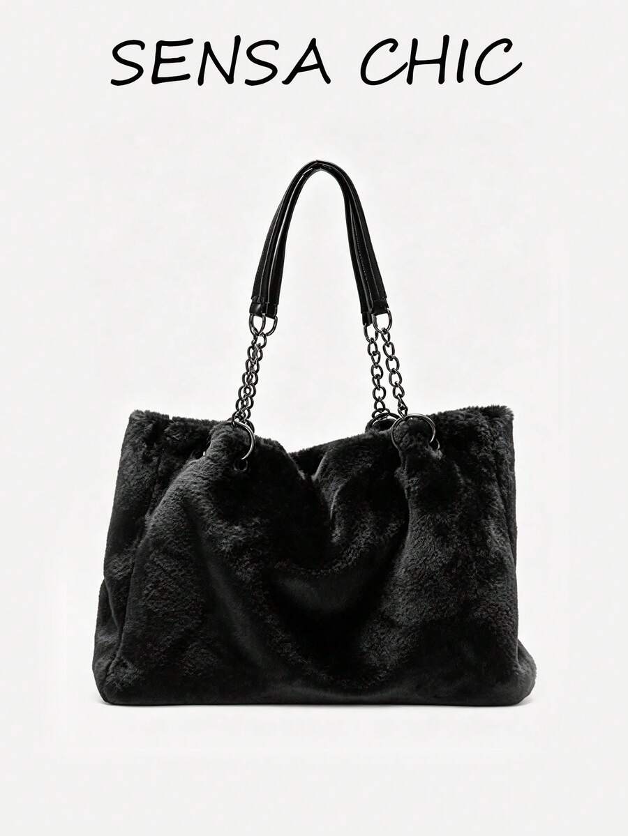 Tote Bag, Loose Large Size Bag Shape, Shoulder Strap Combined With Chain And Webbing Splicing Design, Bag Opening With Wavy Shape. Ample Storage Space For Books, Tablets And Other Personal Items, Shoulder Carry, Casual And Elegant Style, Suitable For Daily Outings - Black - View 1