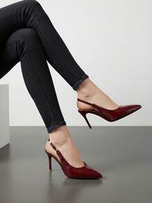 Adjustable Strap Backless High Heel Shoes, Plus Size Wide Fit Pointed Toe Elegant Commute Party Pumps - Burgundy - View 1