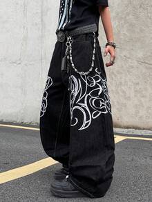 1pc Casual Loose Fit Embroidered Straight Leg Jeans, American Street Style, Suitable For All Seasons, No Belt & Accessories - الأسود - مشاهدة 4