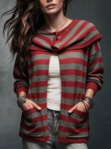 Women Striped Draped Collar Open Front Knit Cardigan, Long Sleeve Loose Fit Pocket Design Fall Casual Sweater Coat - Multicolor - View 4