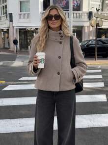 Vintage Stand Collar Short Wool Blend Jacket, Long Sleeve With Side Pockets - Light Grey - View 5