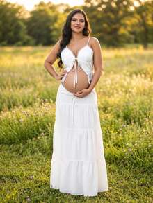 JustVH Set Pakaian Hamil Musim Panas Wanita, Atasan Bertali dengan Motif Renda dan Rok Maxi Longgar, 2pcs/Set Warna Putih Musim Gugur - Putih - View 3