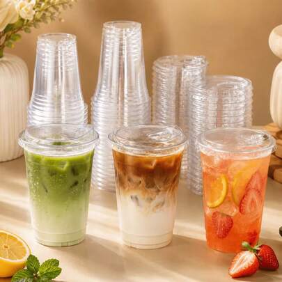 100/50/40/30/20/10pcs Transparent Milk Tea Cups, Beverage Cups, Coffee Cups, Drink Cups, Thickened Material, Suitable For Milk Tea Shops, Coffee Shops, Home Party Beverage Packaging, Shatter-Resistant And Durable With Matching Lids, 500ml/400ml, Christmas Gift