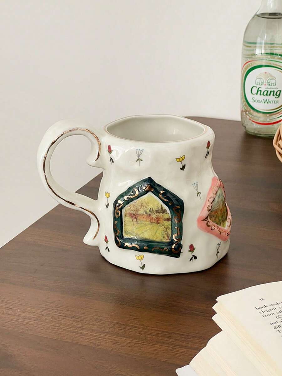 1pc Vintage Small Window Pattern Large Capacity Ceramic Mug, Suitable For Home Kitchen Restaurant Office, Exquisite Ceramic Mug, Can Be Used As Coffee Cup, Milk Cup, Breakfast Cup, Latte Cup, Multi-Functional Mug, Personalized Holiday Gift - Multicolor - View 1