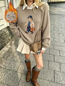 Women's Plus-Size Casual, Cute Faux-Knit Sweater Featuring A Stylish Bear Graphic-A Versatile Top Perfect For Everyday Wear In Autumn And Winter. - Camel - View 5