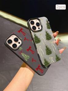 2pcs Christmas Tree Print TPU Shockproof Full Coverage Precision Protective Case Compatible With Apple 11/12/13/14/15/16/16Pro/16ProMax/17/17pro/17ProMax/18pro 18ProMax - Multicolor - View 3