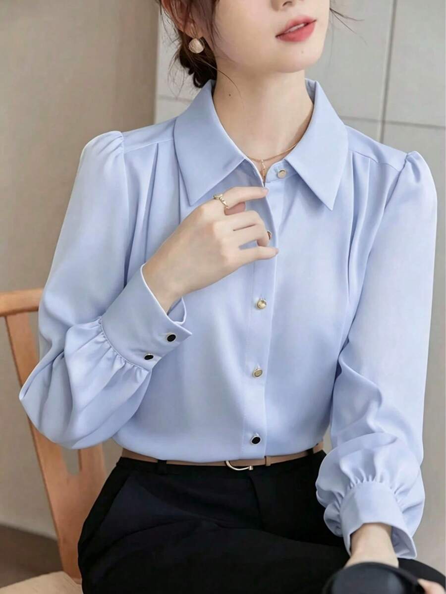 Women's Elegant Blue Shirt, Light Luxury High-End Commuter Style, Suitable For All Seasons, Professional Outerwear Top, Solid Color Front Button - Blue - View 1