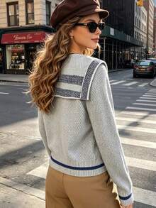 Preppy Contrast Trim Sailor Collar Sweater, Textured Single-Breasted Short Casual Knit Cardigan - Grey - View 2