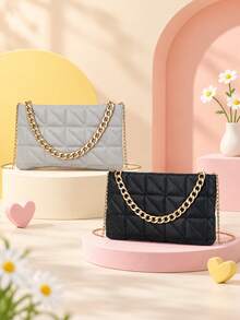 1pc Girls' Solid Color Geometric Quilted Chain Bag, Detachable Thin Chain Shoulder Strap, Fashion Date Commute Small Square Bag - M1166 - View 1