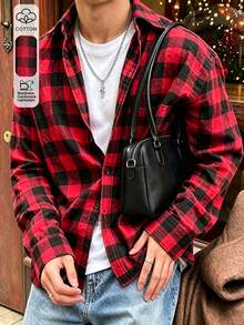 Cotton Plaid Business Casual Shirt (Red Holiday Color/Christmas Color) - Red - View 1