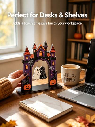 1pc 7.09" Interactive Swinging Ghost Halloween Castle Wooden Decor, 2D Flat Shatter-Proof Interlocking Assembly, Cute Ghost Couple Figurine, Suitable For Tiered Tray And Desktop, Sturdy Holiday Gift