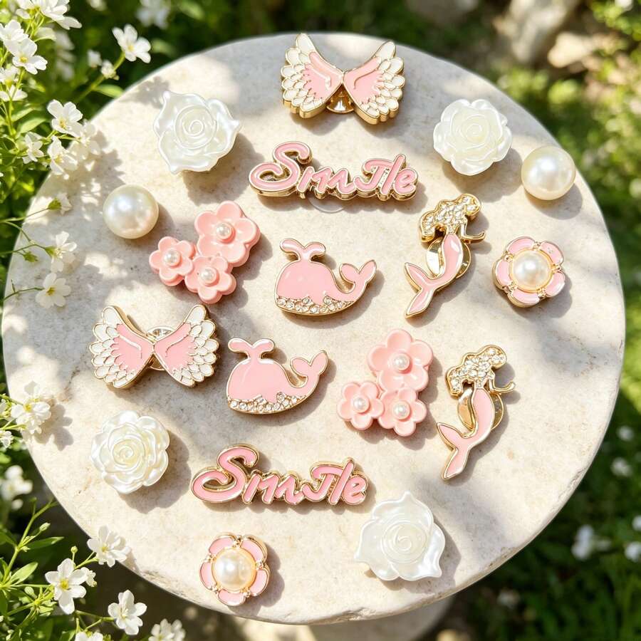 18pcs Gold Pink Letter, Mermaid, Flower DIY Shoe Decoration Animal Elegant ABS Plastic (ABS Resin) Water Drop Home All Seasons - Gold Pink - View 1