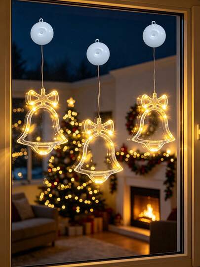 Christmas Bell Shaped Suction Cup LED Window Light, Warm Ambient String Light, Battery‑Powered Suction Hanging Lamp, Home Window Glass Decorative Light For Xmas Party Decoration