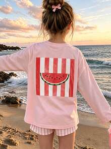 Tween Girl 1pc Printed Long Sleeve T-Shirt, Suitable For Tween Girls' Autumn/Winter Top, Young Student Children's Clothing, Suitable For Outerwear And Layering - Pink - View 7