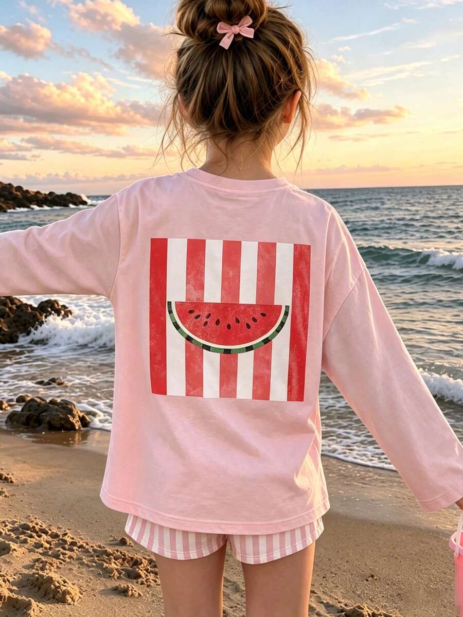 Tween Girl 1pc Watermelon Striped Print Long Sleeve T-Shirt, Suitable For Older Girls' Autumn/Winter Top, Young Student Children's Clothing, Suitable For Outerwear And Layering - Pink - View 1